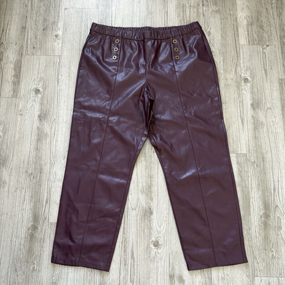 Susan Graver Pants Womens XL Burgundy Faux Leather Pull-On Straight Leg